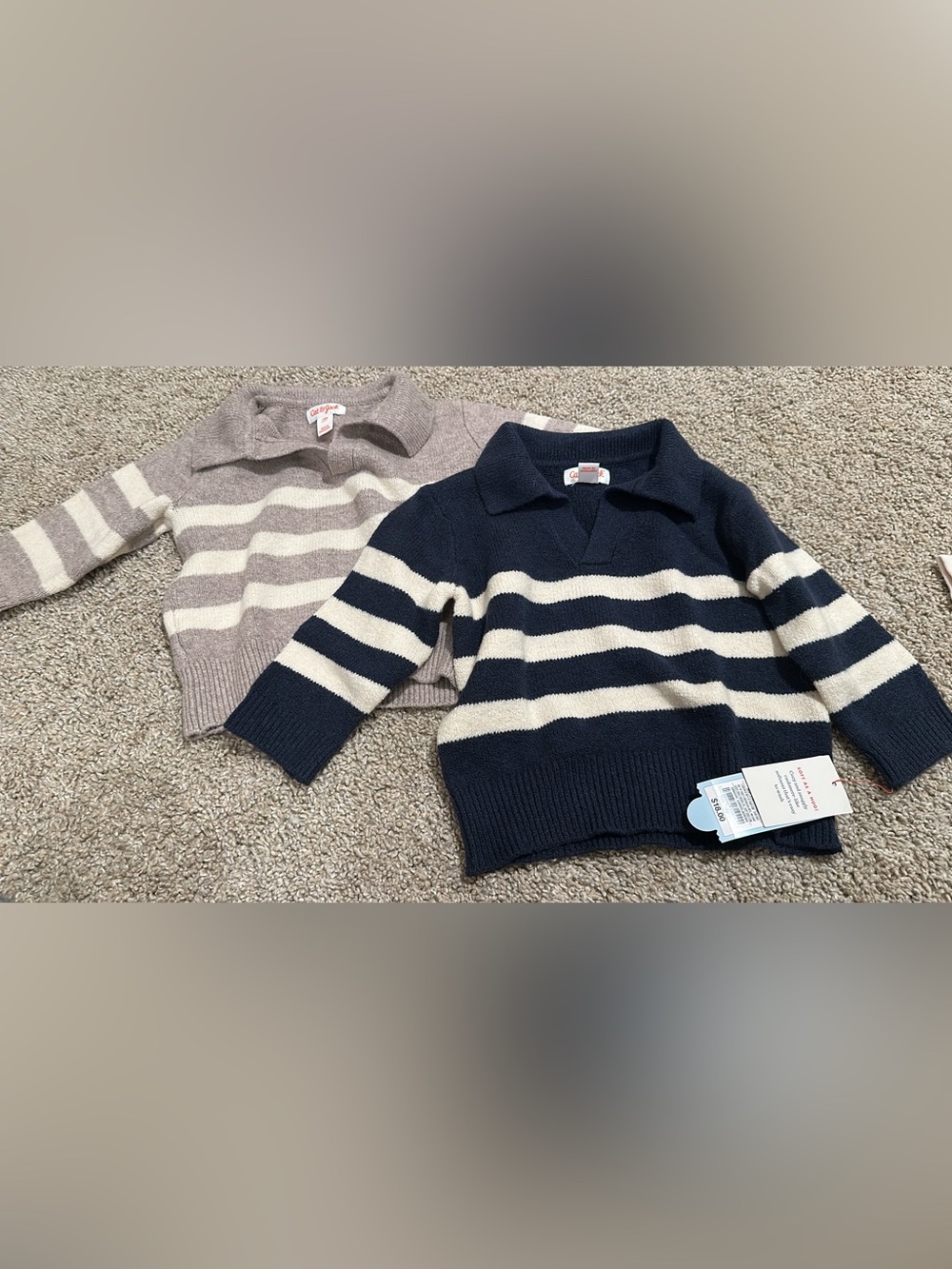 Cat & Jack Navy and Cream Striped V‑Neck Collared Sweater 12 mth
